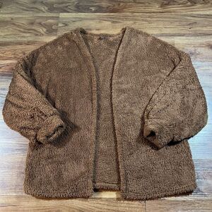 Shein Fuzzy Knit Cardigan Womens L Open Front Comfy Brown Boho Teddy Sweater